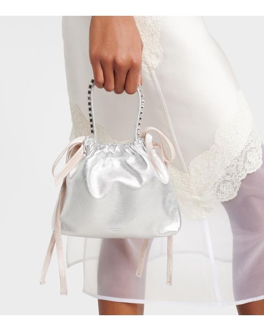 Jimmy Choo White Drawstring Mini Embellished Leather Shoulder Bag