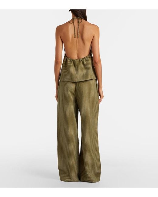 Staud Green Mateo Pinstripe Linen Wide-Leg Pants