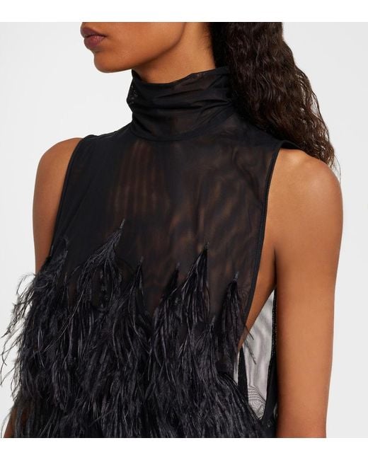 The Attico Black Feather-Trimmed Embroidered Minidress