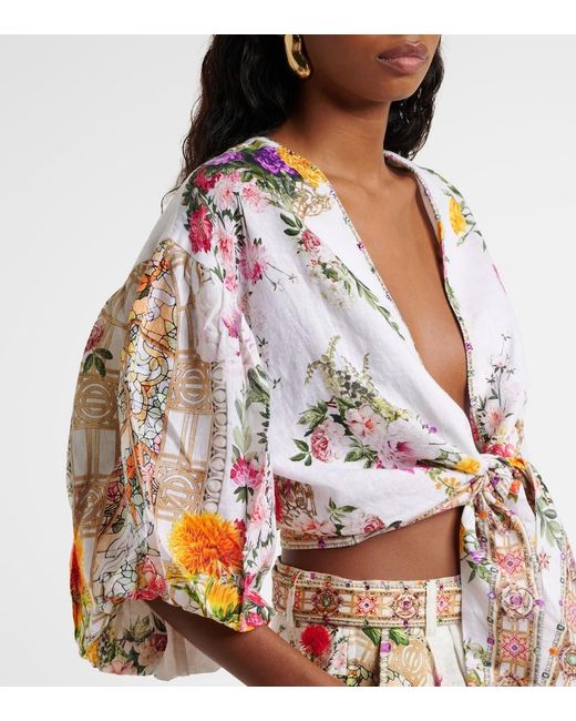 Camilla White Floral Tie-Front Linen Crop Top