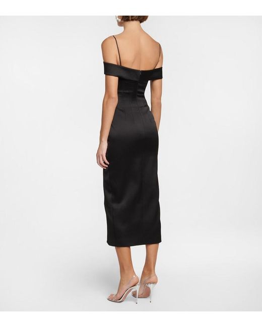 Rasario Black Off-Shoulder Satin Midi Dress
