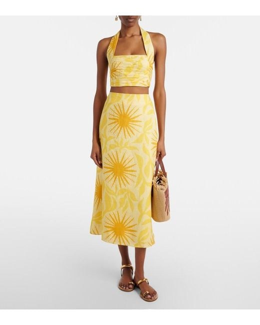 Cala De La Cruz Yellow Fuji Printed Halterneck Linen Crop Top