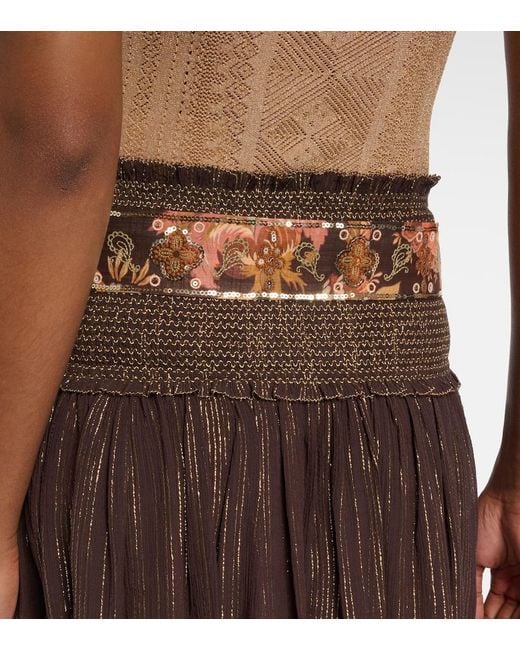Zimmermann Brown Aster Shirred Cotton And Silk Lame Midi Skirt