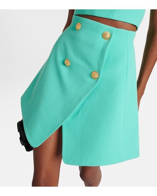 Minifalda De Lana De Tiro Alto Balmain de color Blue