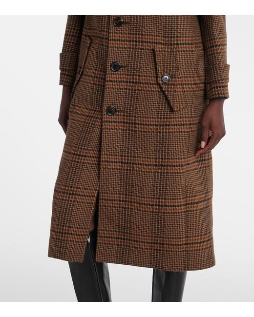 Saint Laurent Brown Belted Prince Of Wales Wool Coat