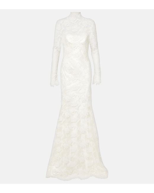 Danielle Frankel White Bridal Adena Floral Lace-Trimmed Wool And Silk Gown