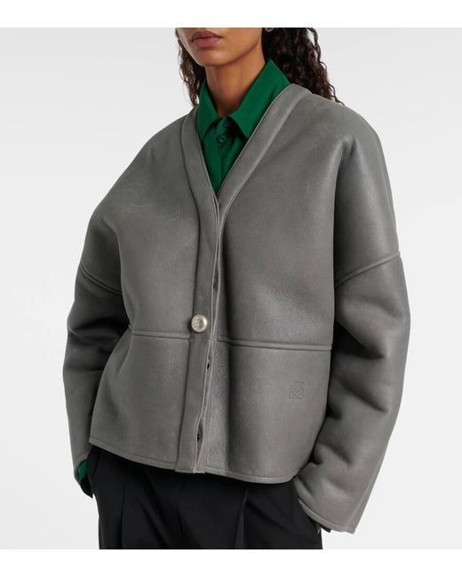 Loewe Gray Pebble Shearling-Lined Leather Jacket