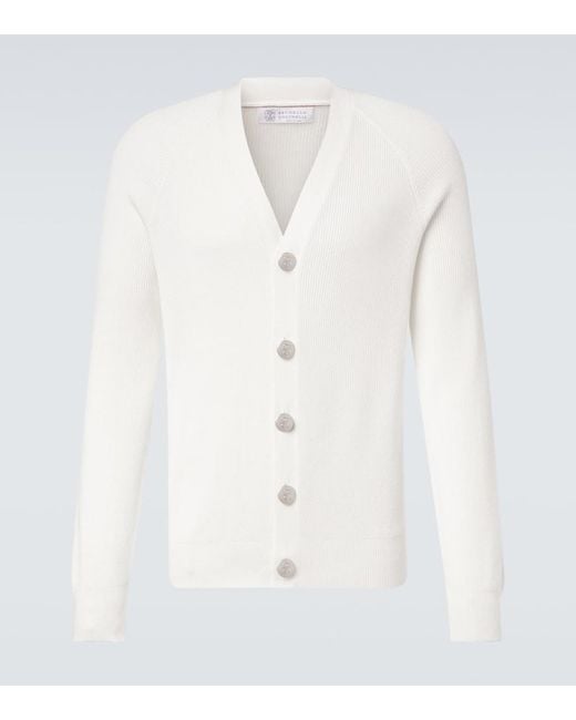 Brunello Cucinelli White Ribbed-Knit Cotton Cardigan for men