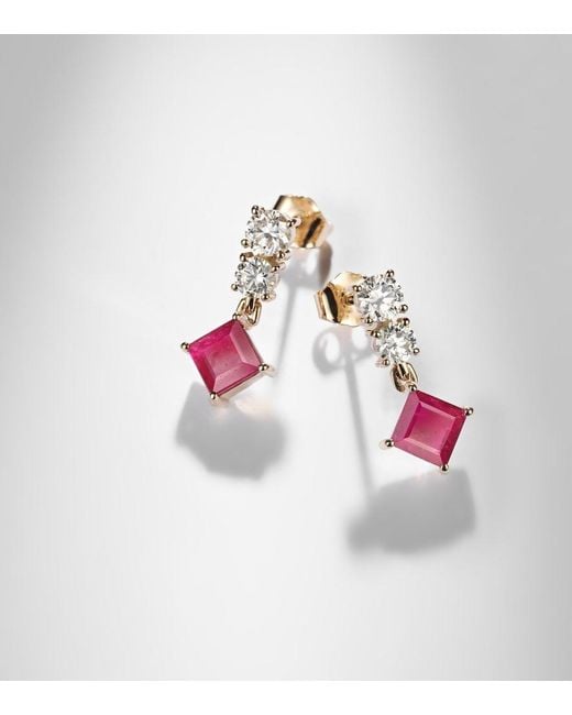 STONE AND STRAND Red 14Kt Earrings With Diamonds, Sapphire, And Ruby