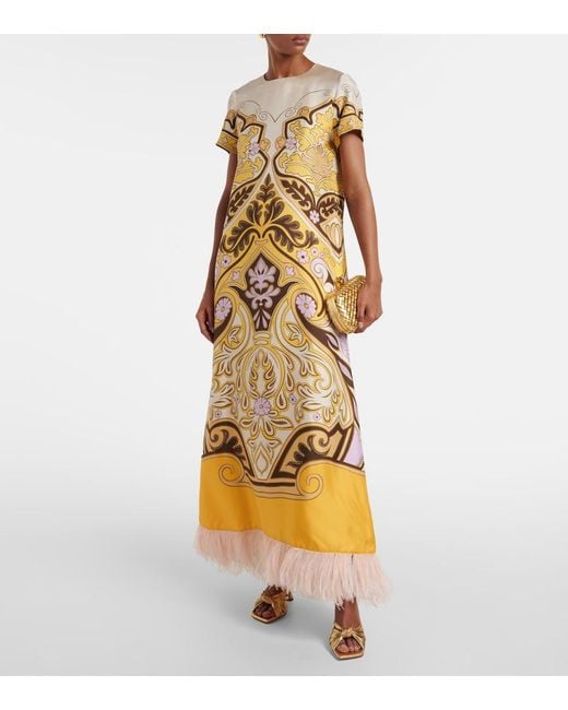 LaDoubleJ Metallic Printed Feather-Trimmed Silk Maxi Dress