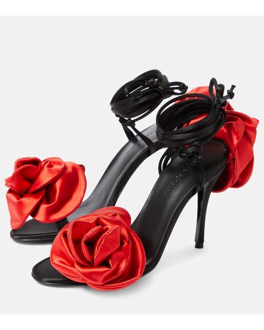 Magda Butrym Red Floral-applique Satin Slingback Sandals