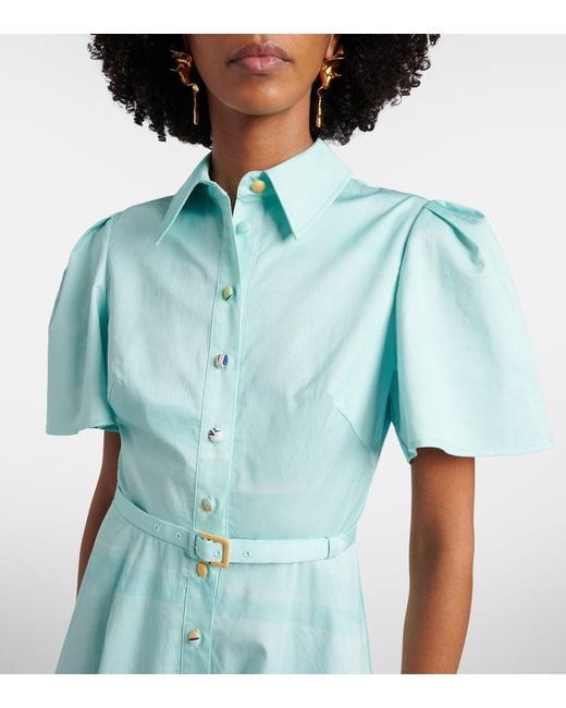 LEO LIN Blue Printed Belted Cotton Shirt Dress