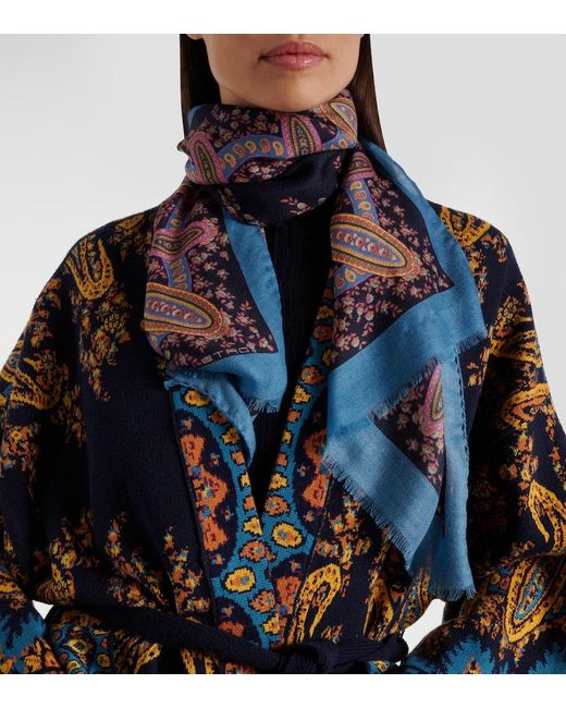 Etro Blue Floral Wool Cashmere And Silk Scarf