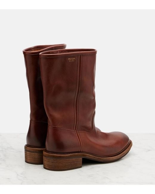 Prada Brown Leather Mid-Calf Boots
