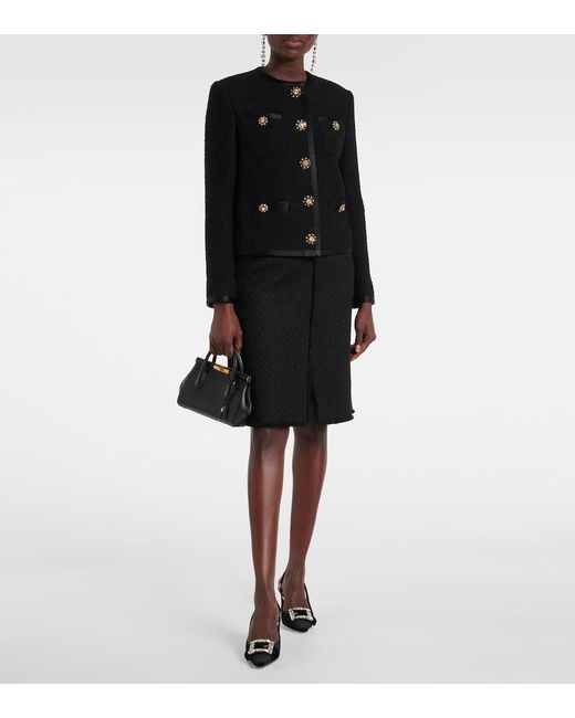 Dolce & Gabbana Black Raschel Tweed Midi Skirt With Central Slit And Dg Logo