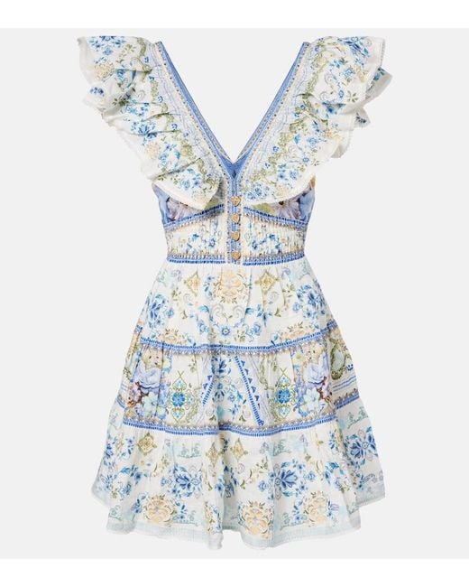 Camilla Blue Embellished Floral Linen Minidress