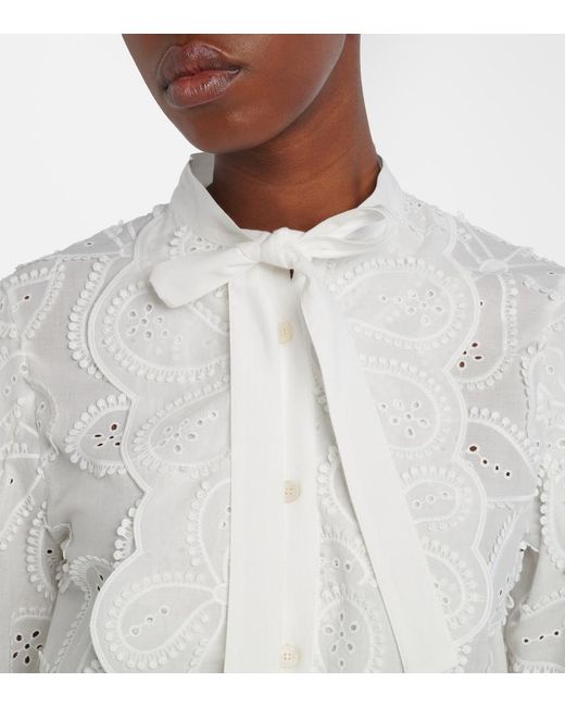 Elie Saab White Embroidered Tie-Neck Blouse