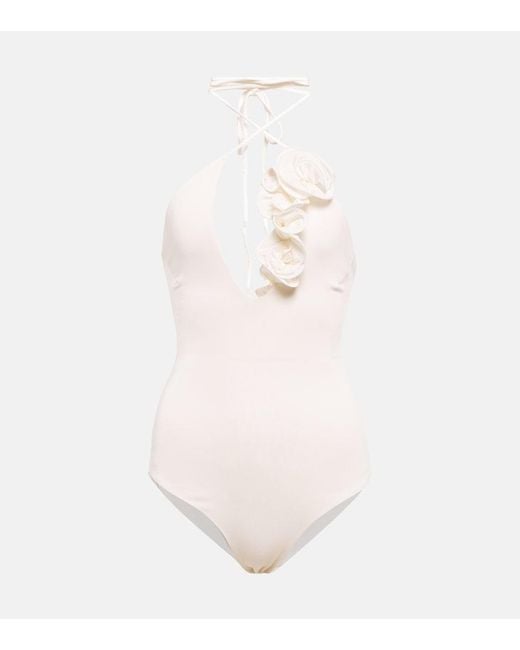 Magda Butrym White Ruffled Halterneck Jersey Bodysuit