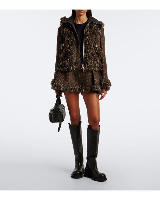 Sacai Black Fringed Wool-Blend Tweed Jacket