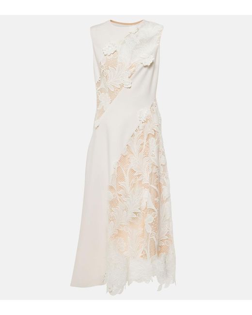 Oscar de la Renta Natural Lace-Trimmed Wool-Blend Midi Dress