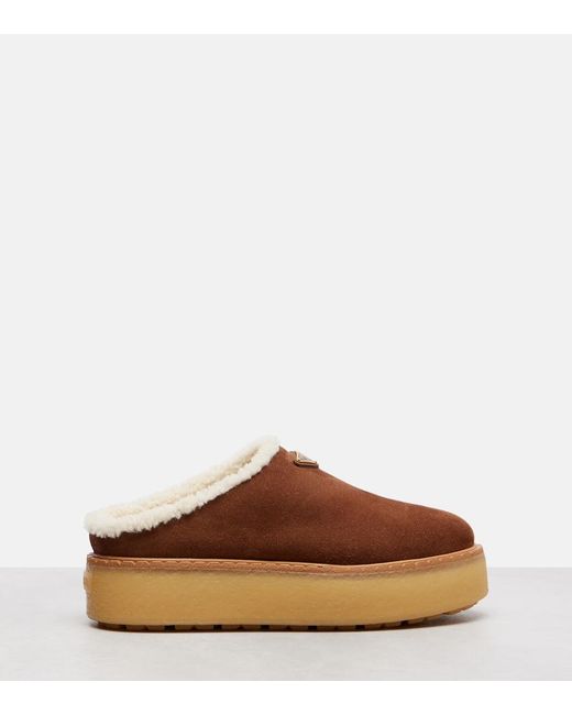 Prada Brown Evolve Shearling-Trimmed Suede Platform Mules