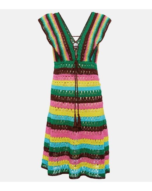 Anna Kosturova Green Striped Crochet Cotton Minidress