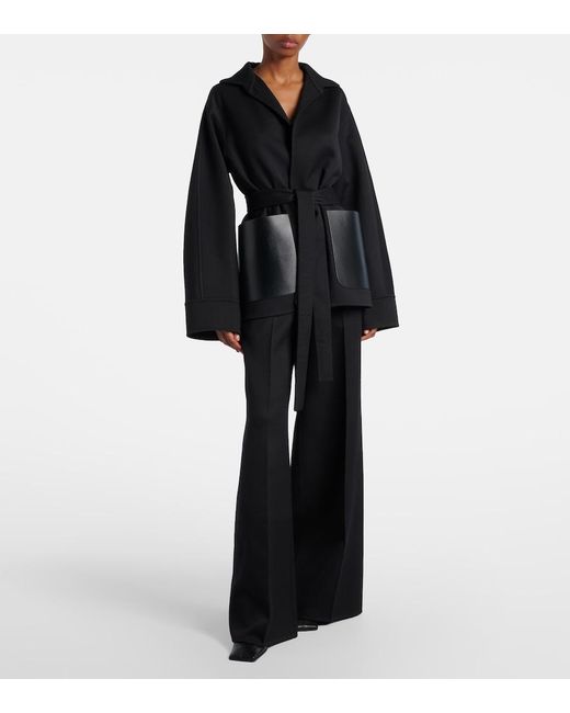 Alaïa Black Leather-Trimmed Virgin Wool Wide-Leg Pants