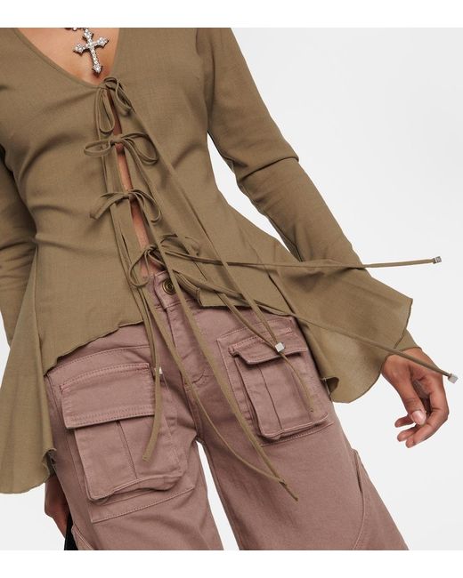 Blumarine Green Ruffled Tie-Front Wool-Blend Blouse