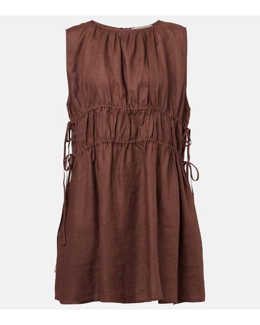 Asceno Brown Gathered Linen Minidress