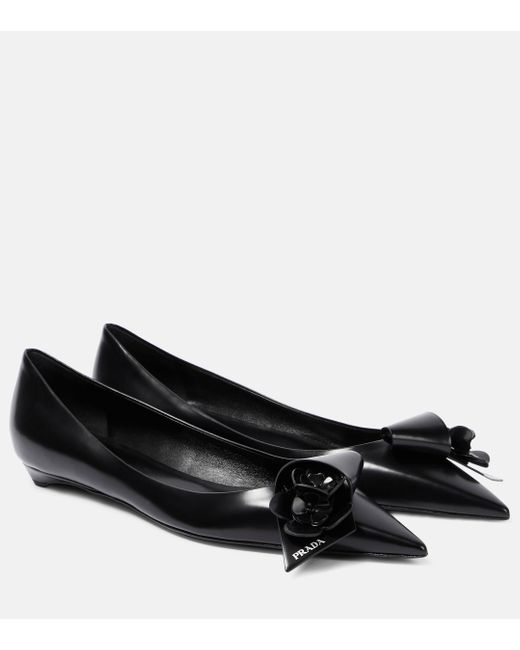 Prada Black Floral-applique Leather Ballet Flats