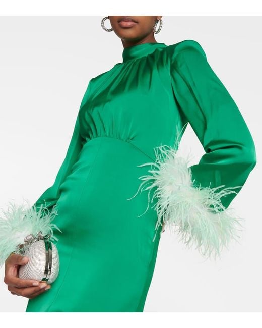 Self-Portrait Green Feather-trimmed Satin Gown