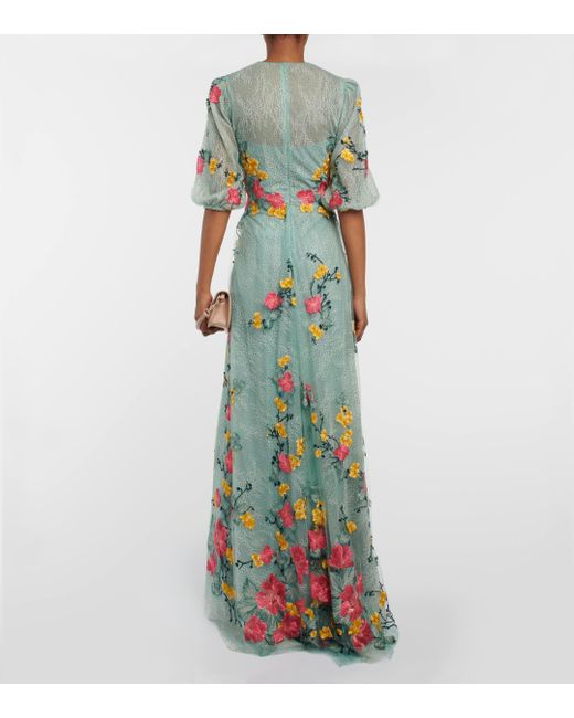 Costarellos Blue Liana Embroidered Chantilly Lace Gown