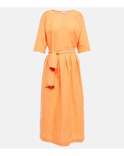 Vince Orange Belted Linen And Cotton Dress