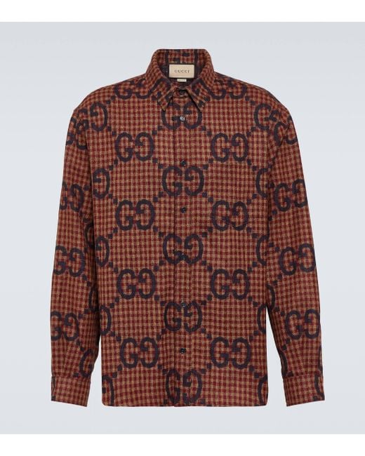 Gucci Red Checked Logo-jacquard Wool Shirt for men