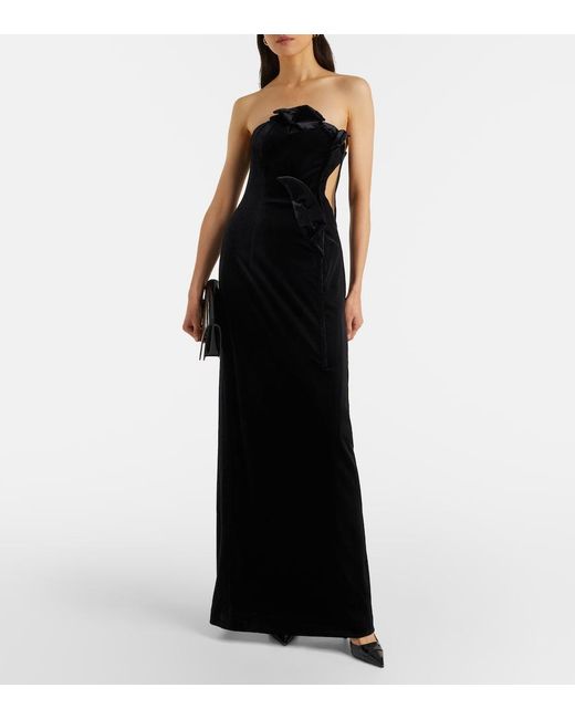 LEO LIN Black Marilyn Cutout Floral-Applique Velvet Gown