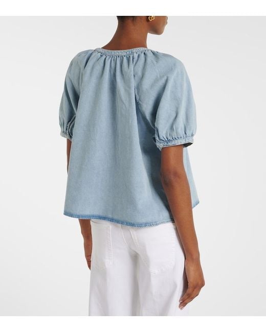 FRAME Blue Resort Gathered Cotton-Blend Shirt