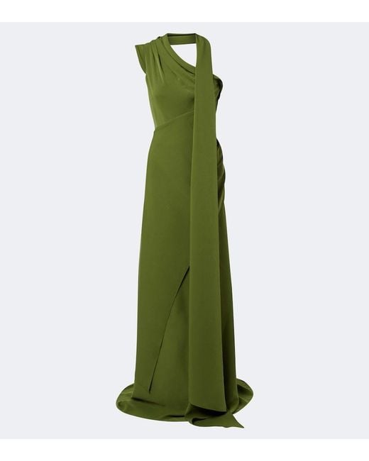 Marmar Halim Green Draped Scarf-Detail Bustier Gown