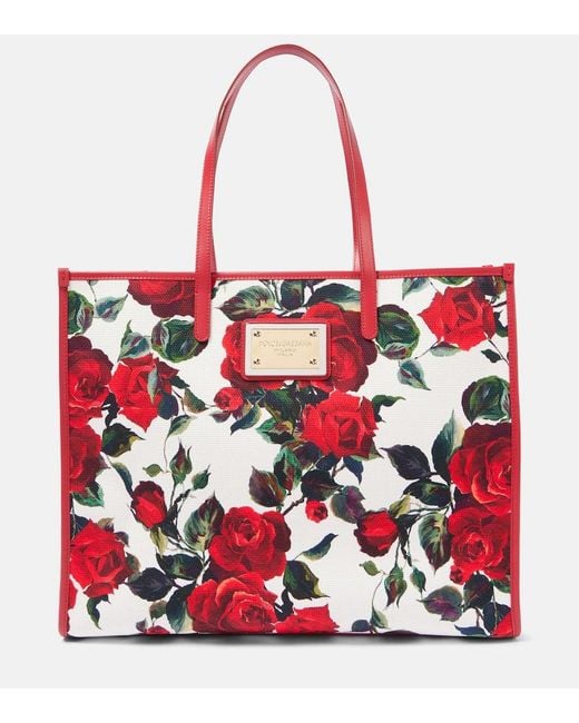 Dolce & Gabbana Red Large Leather-Trimmed Canvas Shopper