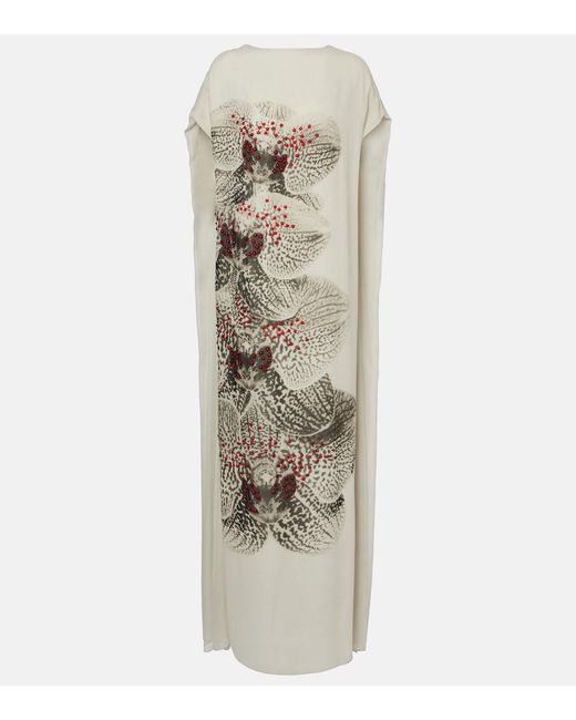 Dries Van Noten Natural Beaded Printed Silk Georgette Gown