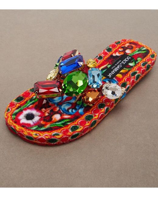 Dolce & Gabbana Red Embellished Leather Thong Sandals