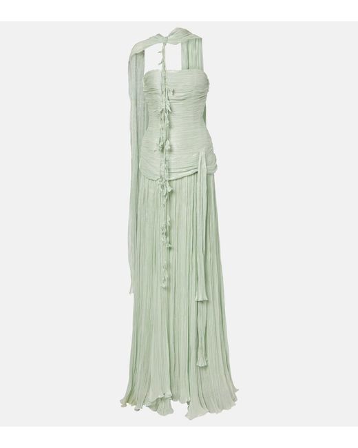 Marmar Halim Green Caped Pleated Lame Corset Gown