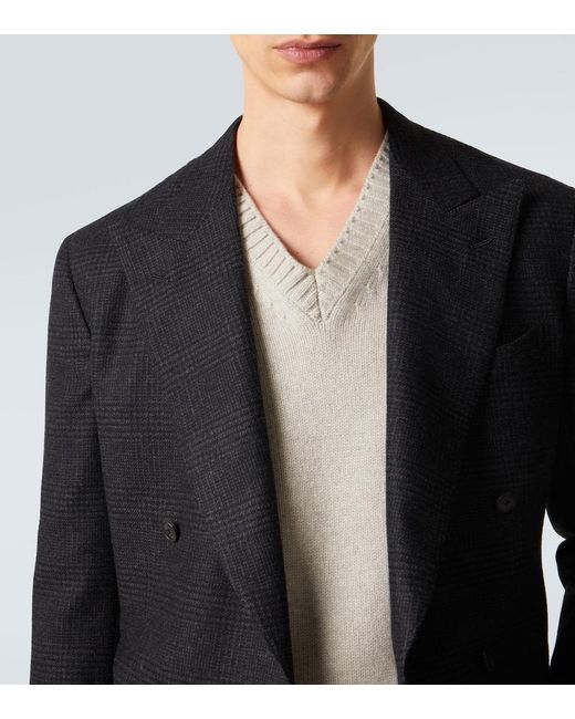 Saman Amel Black Prince Of Wales Check Wool Flannel Blazer for men