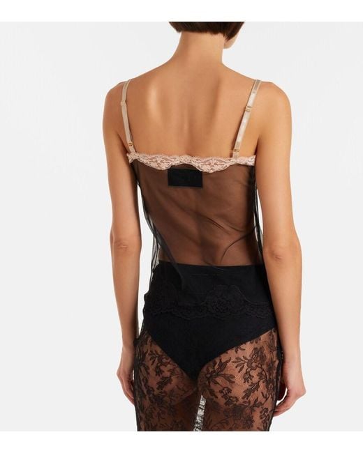 Valentino Gray Lace-Trimmed Sheer Mesh Camisole