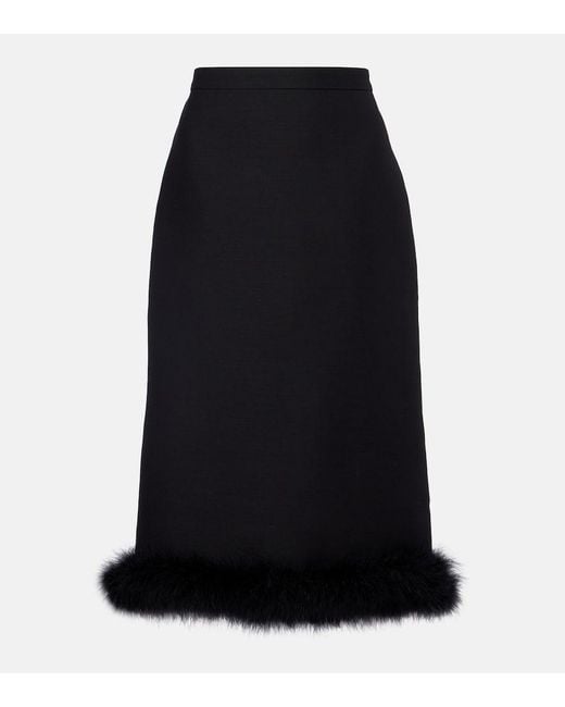 Valentino Black Crepe Couture Feather-Trimmed Midi Skirt