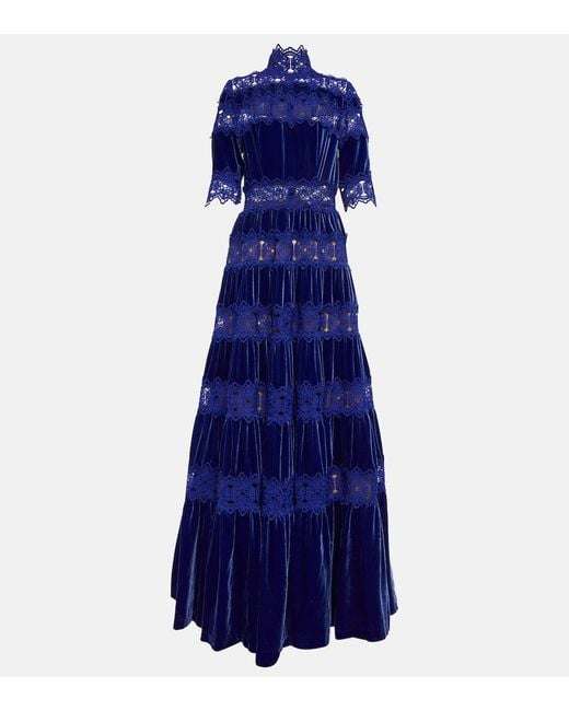 Costarellos Blue Lissie Lace And Velvet Gown