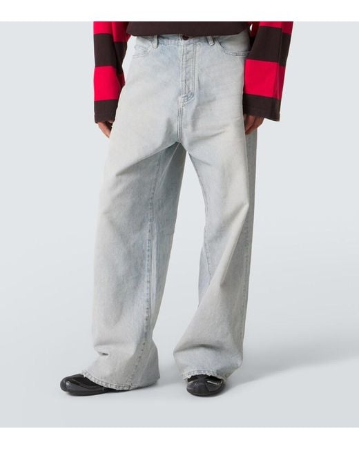Balenciaga Gray Leather-Trimmed Wide-Leg Jeans for men