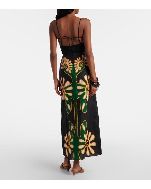 Cala De La Cruz Green Celina Printed Linen Midi Skirt