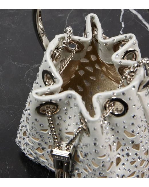 Jimmy Choo White Bon Bon Micro Laser-Cut Satin Bucket Bag