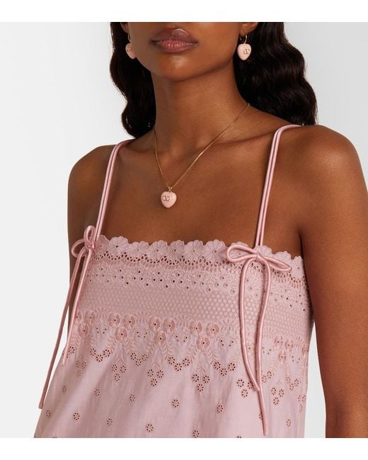 Valentino Pink Broderie Anglaise Silk-Trimmed Cotton Midi Dress