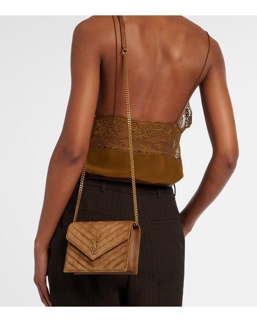 Saint Laurent Brown Cassandre Mini Suede Wallet On Chain
